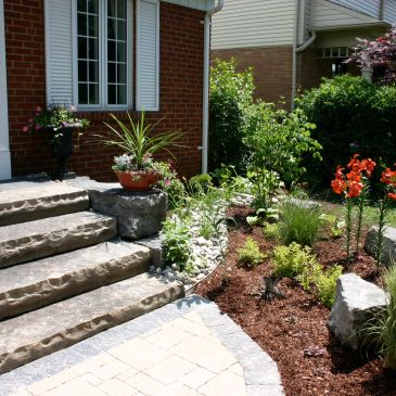 Beautiful garden with stone steps and vibrant plants.