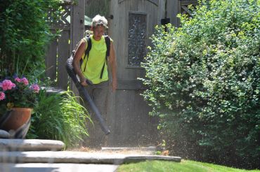 Person using a leaf blower in a garden.