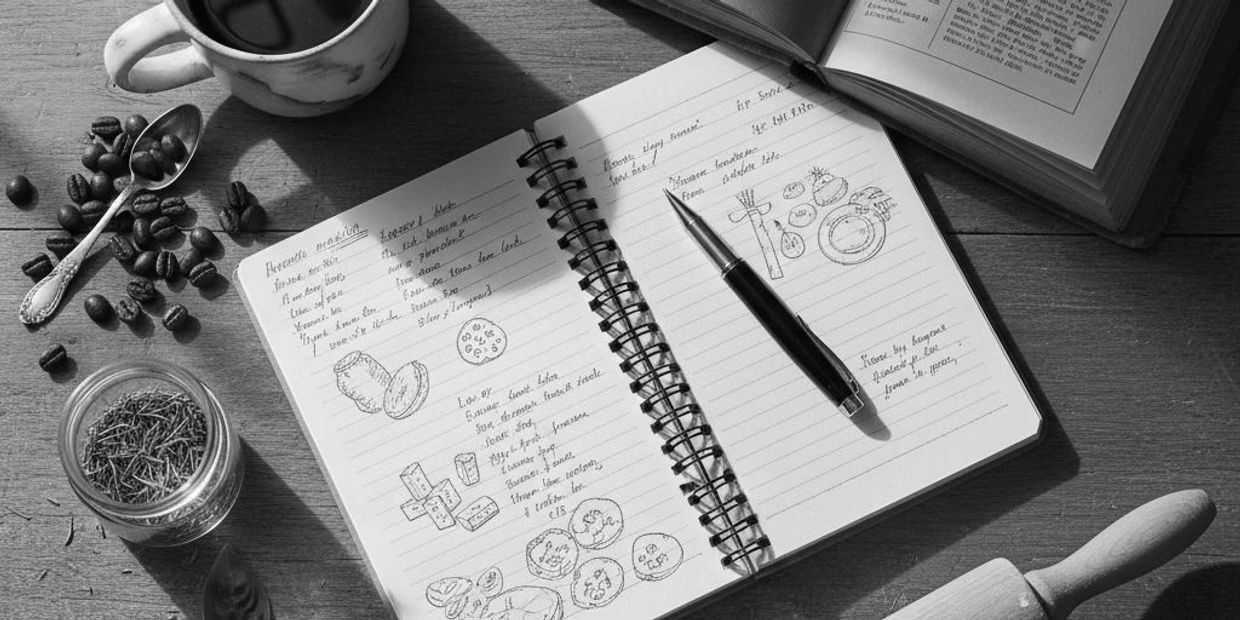 Notebook with sketches and notes beside coffee and a rolling pin.