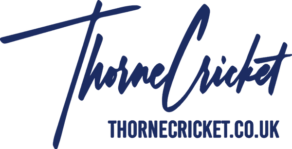 Logo of Thorne Cricket in stylish handwritten font with website link.