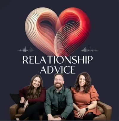 Three hosts sitting on a couch under a heart-shaped logo with 'Relationship Advice' text.