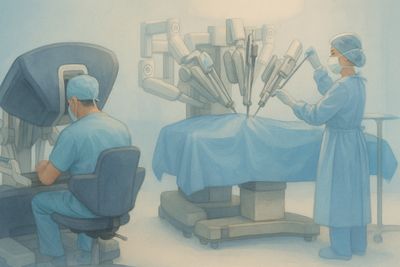 A surgeon operates a robotic surgical system while an assistant stands by.