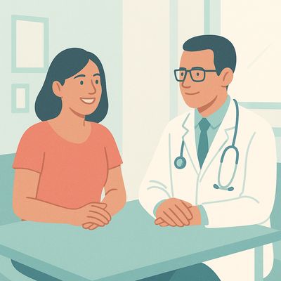 Patient consulting with a doctor in a friendly medical office.