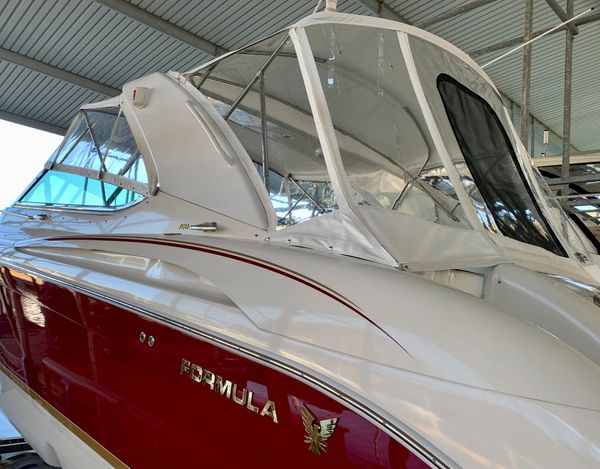 Custom Formula Bimini top and enclosure. Located at State Dock on Lake Cumberland, Kentucky.