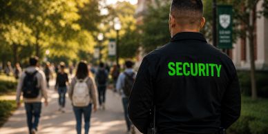 Security guard monitoring a busy outdoor walkway.