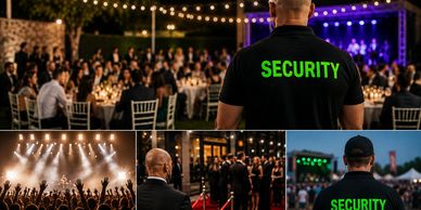 Security personnel overseeing a crowded event with lively attendees and stage performances.
