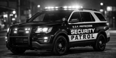 Black and white image of a security patrol SUV with flashing lights at night.