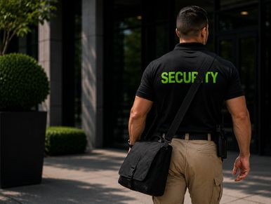 Security guard walking outside a building with a black bag.