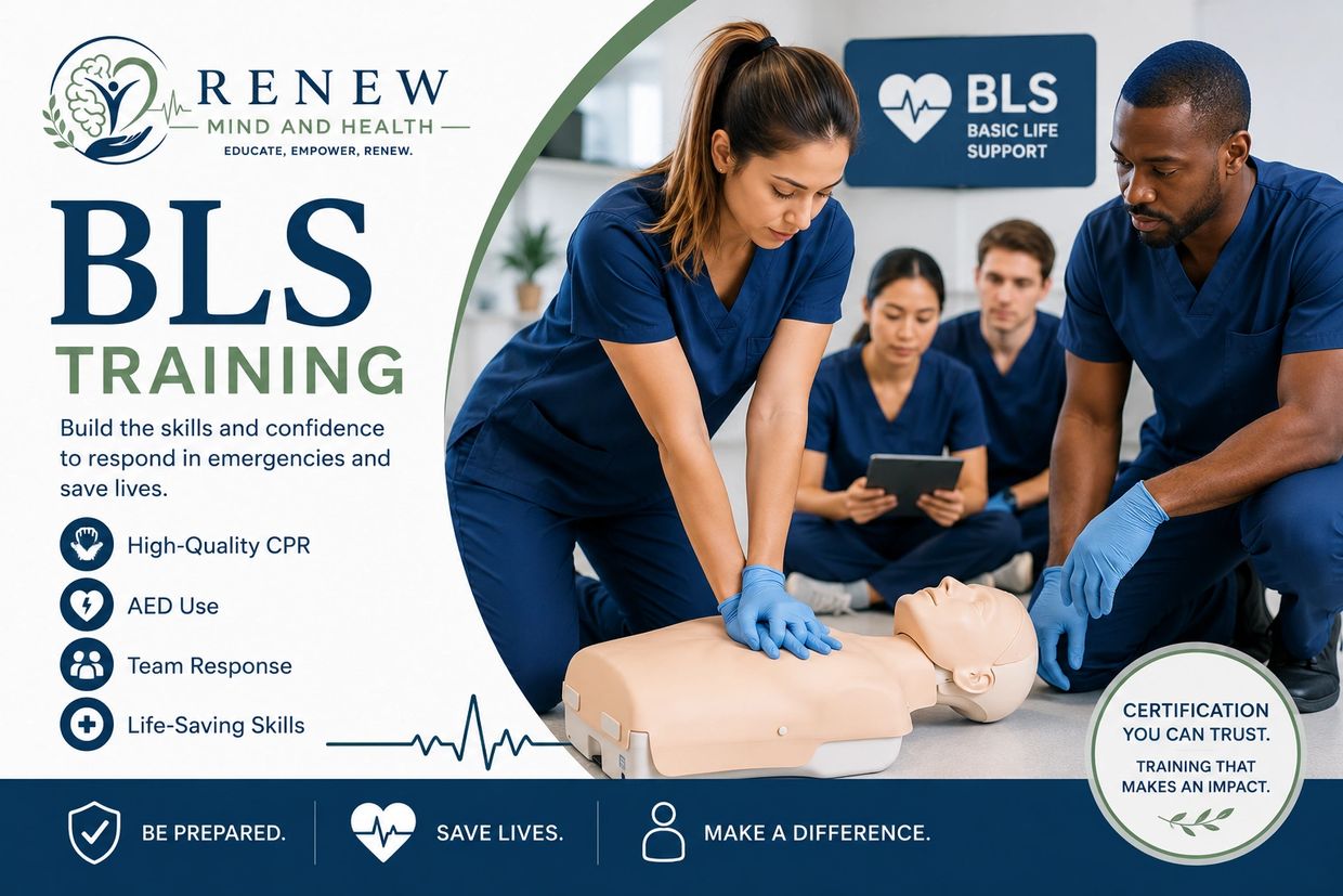 Healthcare professionals practicing CPR on a training manikin during BLS training.