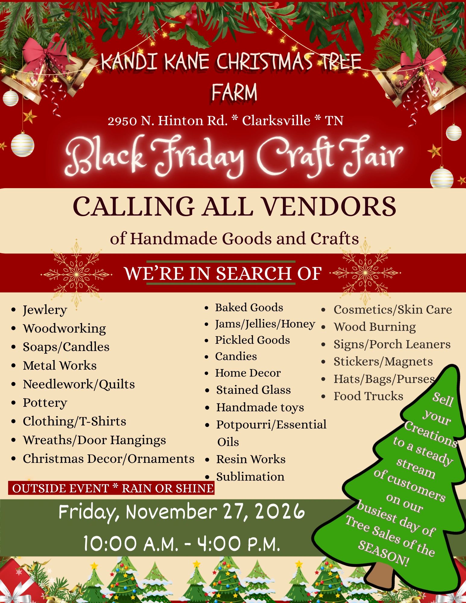Black Friday Craft Fair vendor call for handmade goods at Kandi Kane Christmas Tree Farm, Clarksville TN.