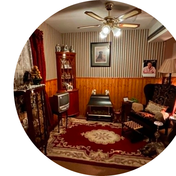Cozy vintage living room with classic decor and warm lighting.