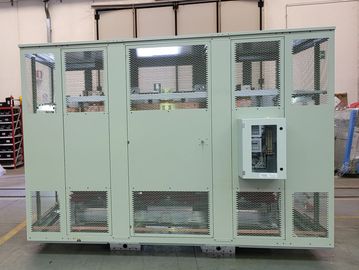 Large industrial electrical panel with multiple compartments and circuit breakers.