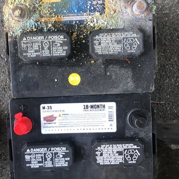 Before and after picture of an old battery being taken out (top) and a new battery being 