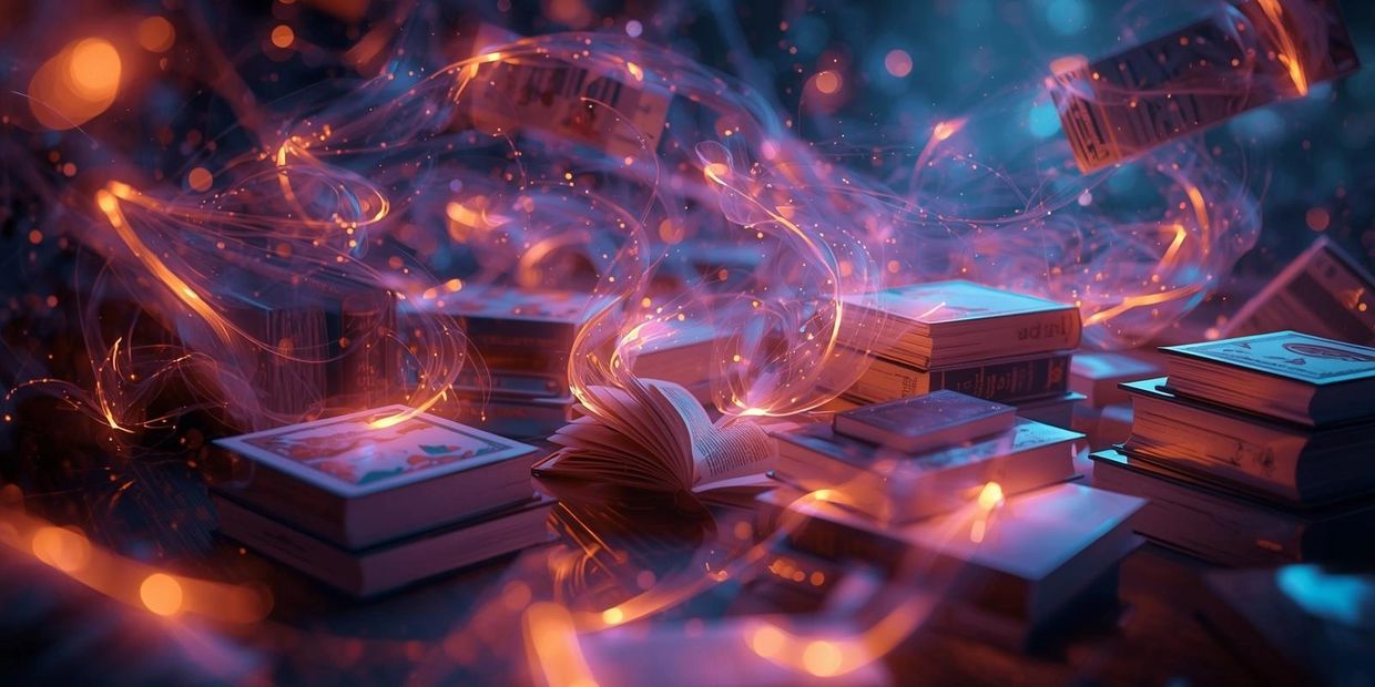 Magical glowing swirls rise from open books on a dark surface.