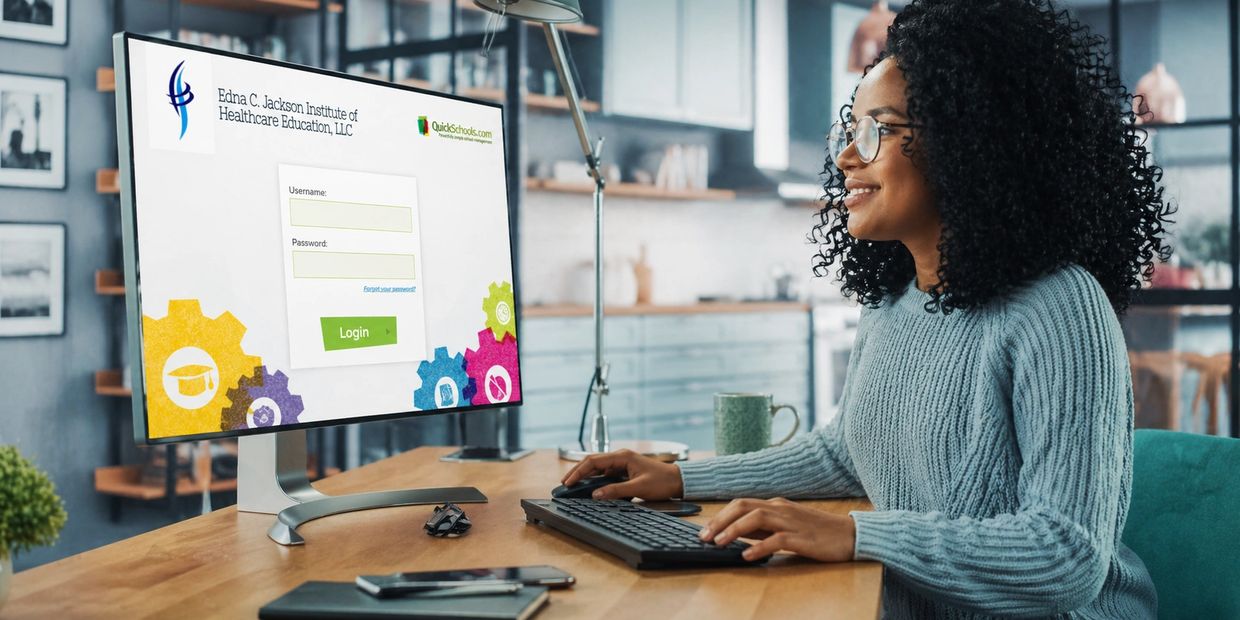 Woman logging into healthcare education portal on desktop computer.