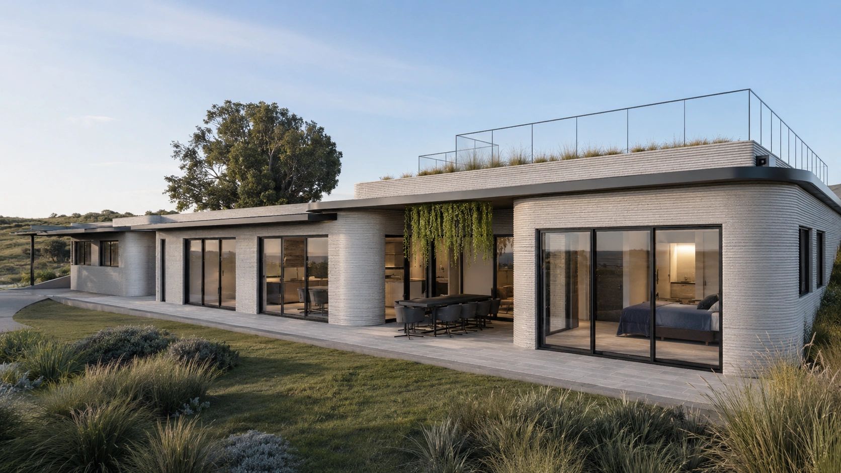 Modern single-story home with curved white brick walls and large glass doors.