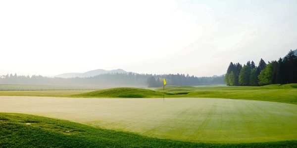 A serene golf course green with a yellow flag under a bright sky.