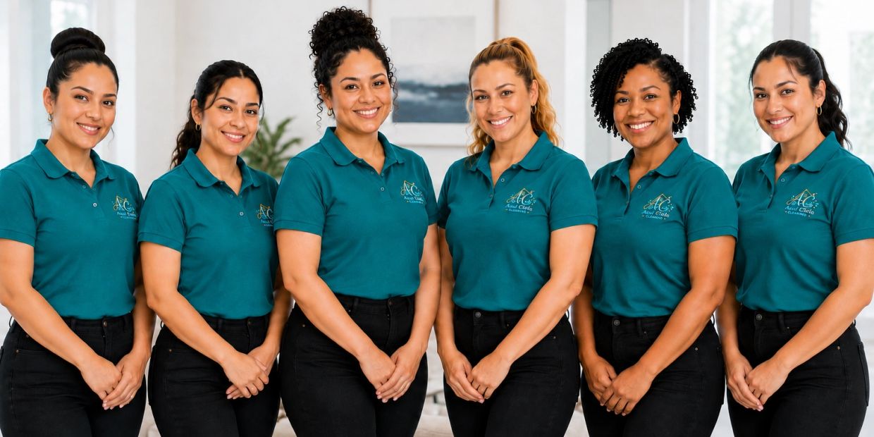 Six women in teal polo shirts and black pants smiling together indoors.