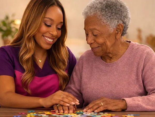 Caregiver and elderly woman smiling while doing a puzzle together.