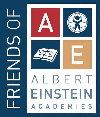 Logo of Friends of Albert Einstein Academies with educational symbols.