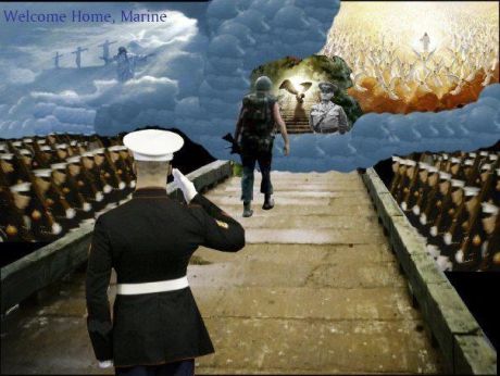 A soldier salutes another walking towards a heavenly scene filled with angels and military figures.