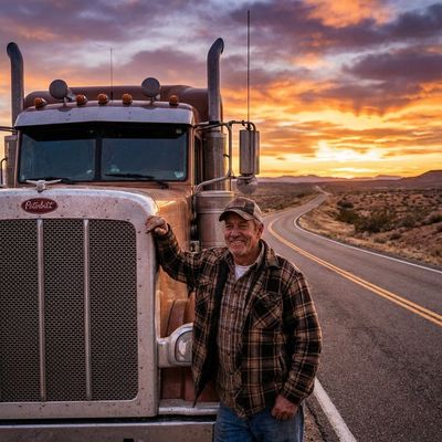Man stand out Land the truck on the highway and looking ahead