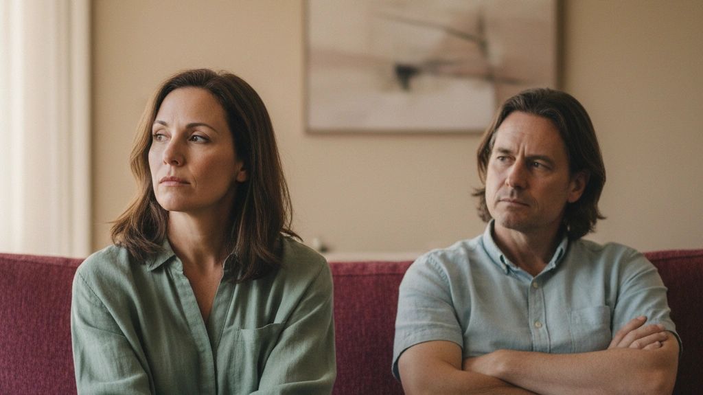 Couple sitting apart, looking upset and distant.