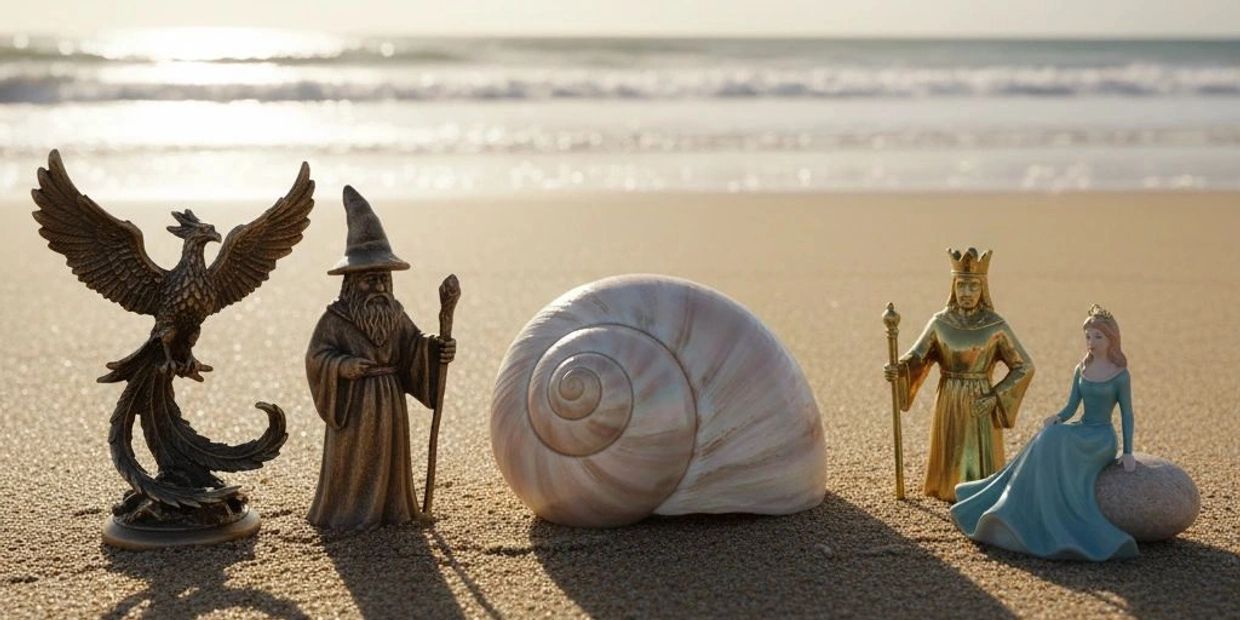 Fantasy figurines and a large shell on a sandy beach at sunset.