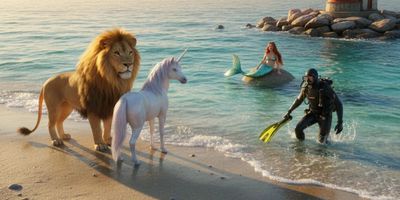 A lion, unicorn, mermaid, and diver meet at a beach shore with calm waters.