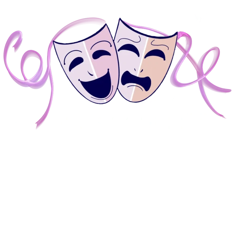 Comedy and tragedy theatrical masks with purple ribbons.