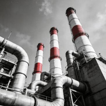 Industrial chimneys with red and white bands against a cloudy sky.
