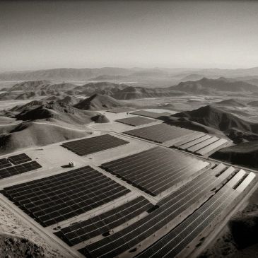 A large solar farm spreads across a mountainous desert landscape.
