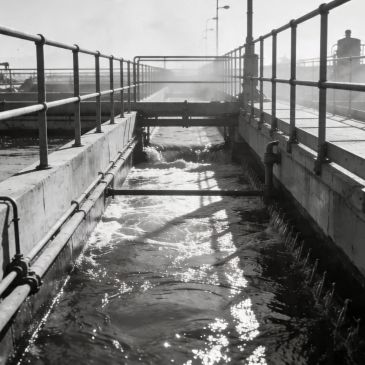 Industrial water channel with metal railings and flowing water.