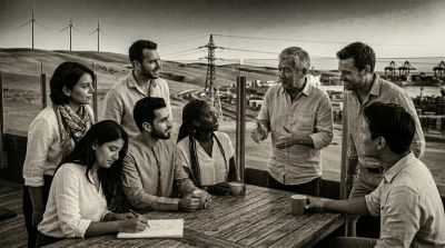 A diverse team meets outdoors with wind turbines in the background.