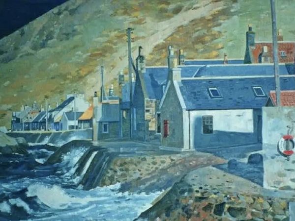 Painting of a stormy seaside village with crashing waves and stone houses.