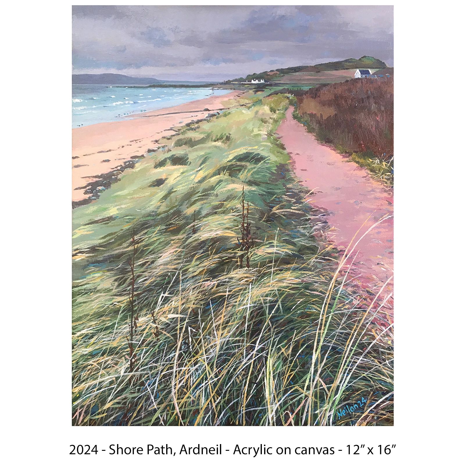 Painting of the Shore Path at Seamill Ayrshire looking over to Auld Hill on a stormy day