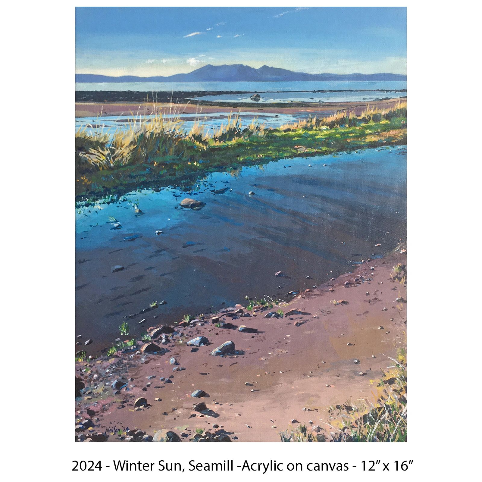 Painting of Seamill Beach looking over to the Isle of Arran on a winters day