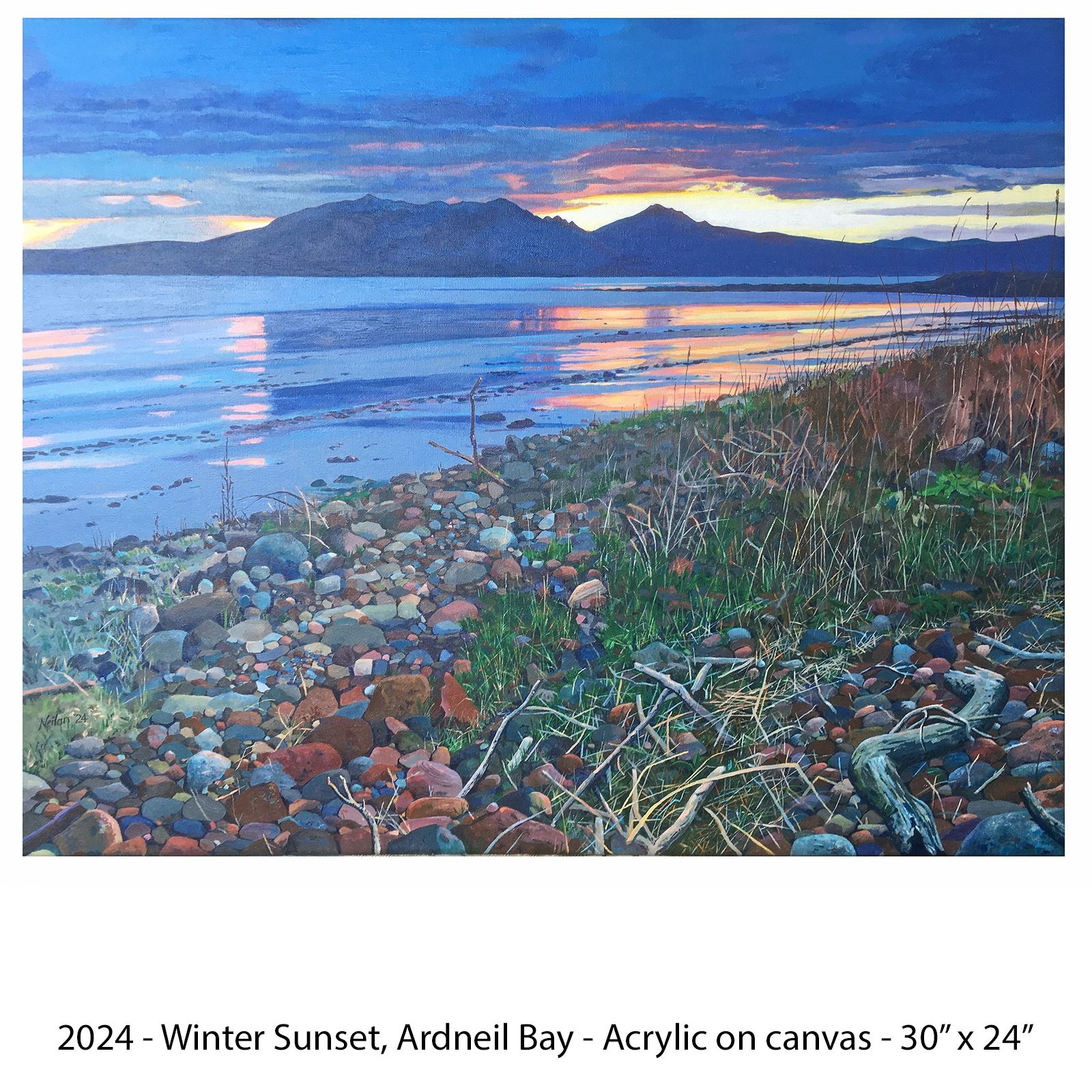 Painting of a winter sunset over the Isle of Arran from the beach at Arneil Bay with stones and drfi