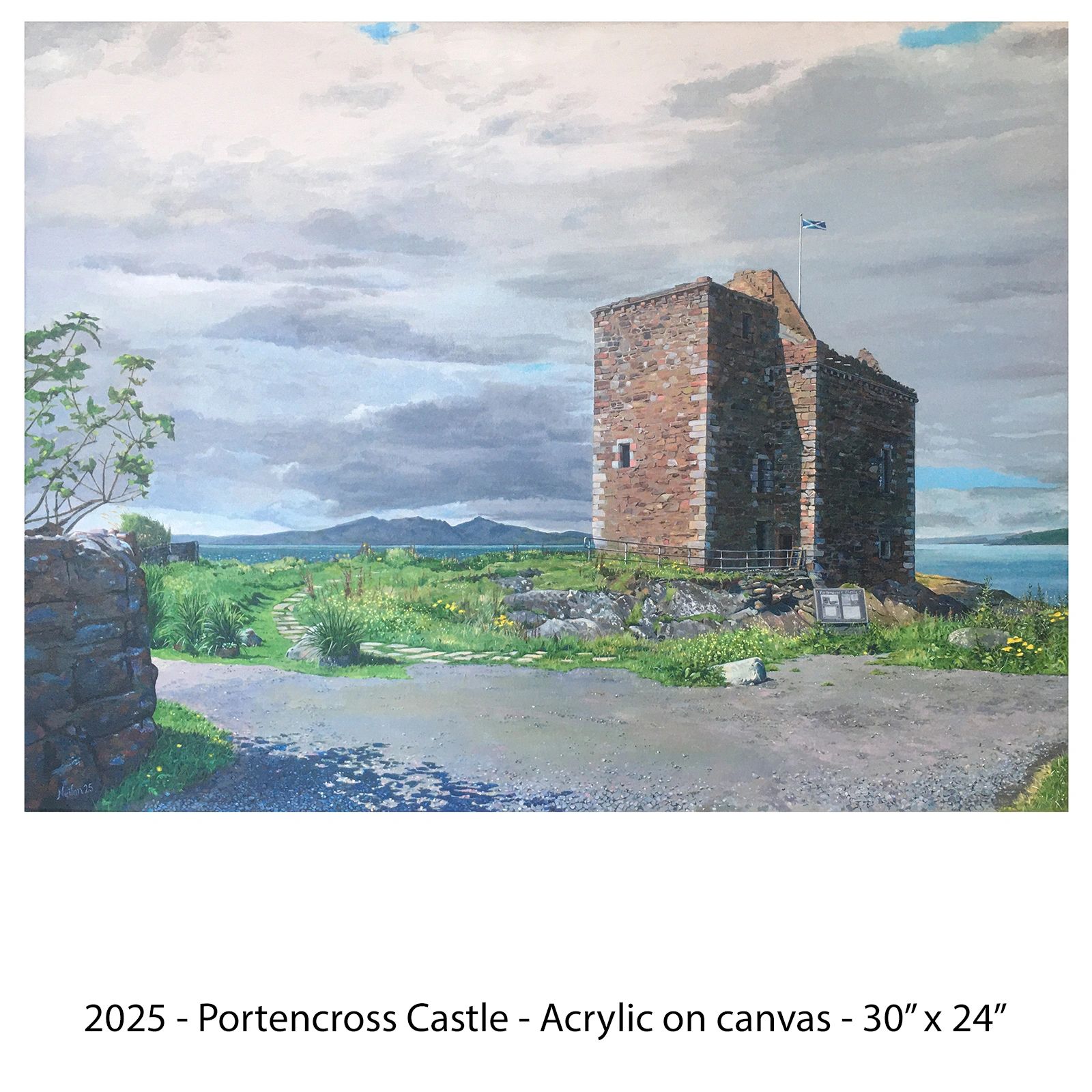 Paintig of Portencross Castle in the sunshine with the Isle of Arran in the background