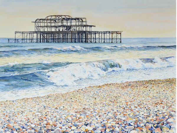 Watercolor painting of Brighton's West Pier with waves and pebble beach.