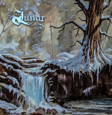A mystical frozen waterfall scene with a large tree and the word Lunar.