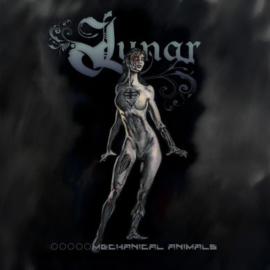 Futuristic cyborg woman with red eye and mechanical body parts.