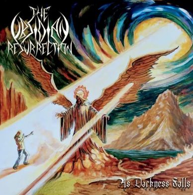 An angelic figure with wings and a halo radiates light against a dark swirling sky.