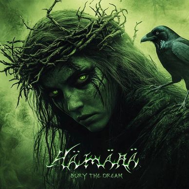 Dark fantasy portrait with glowing green eyes and a crow companion.