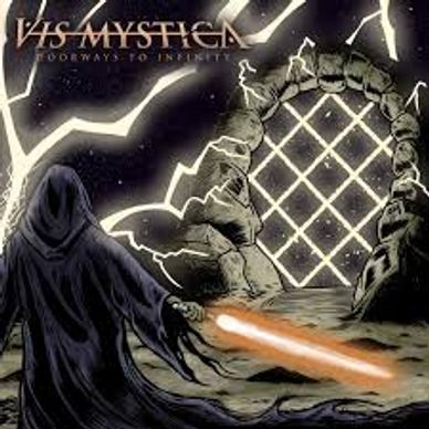 A cloaked figure wields a glowing sword before a mystical stone archway.