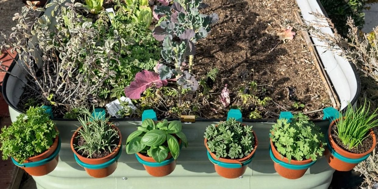 Six small herb pots attached to a raised garden bed outdoors.