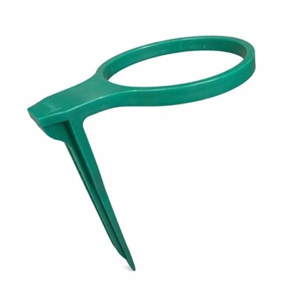 Green plastic garden tool with a pointed end and a circular handle.