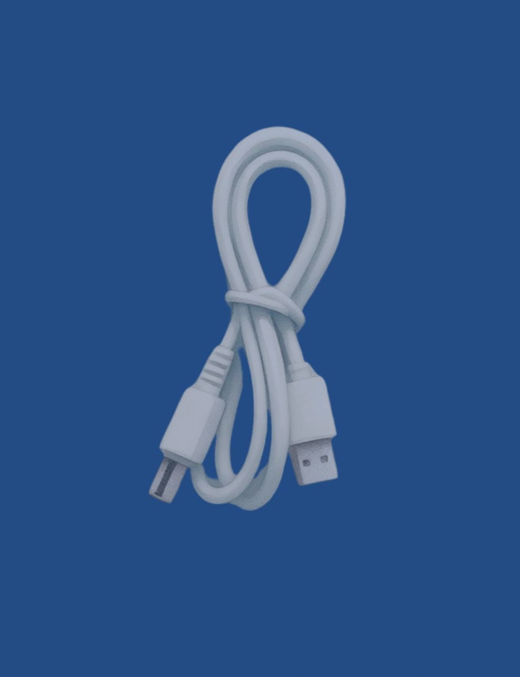 White USB cable with Type-A and mini-USB connectors on a blue background.