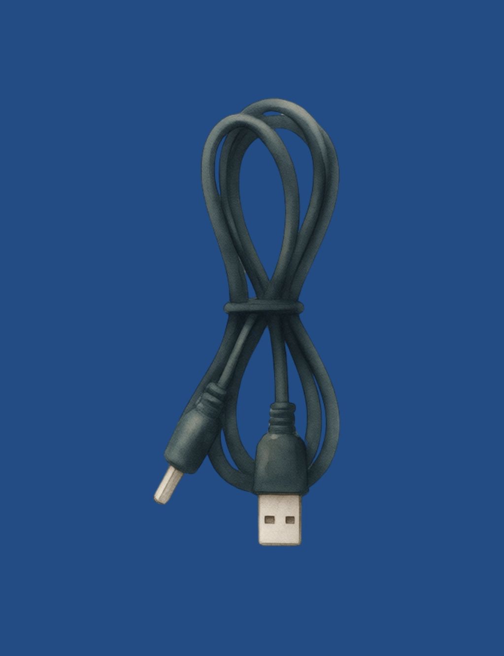 Coiled black USB charging cable on a blue background.