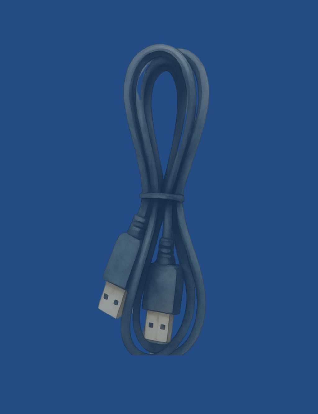 A black USB cable coiled neatly against a blue background.